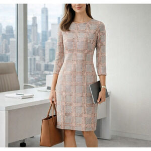 J. McLaughlin Catalina Cloth Dress Sz Small Pink Taupe Houndstooth Plaid Career